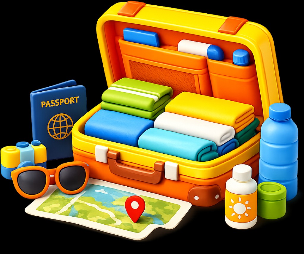 Open suitcase packed with clothes, passport, sunglasses and a map — illustrating the Packlio app